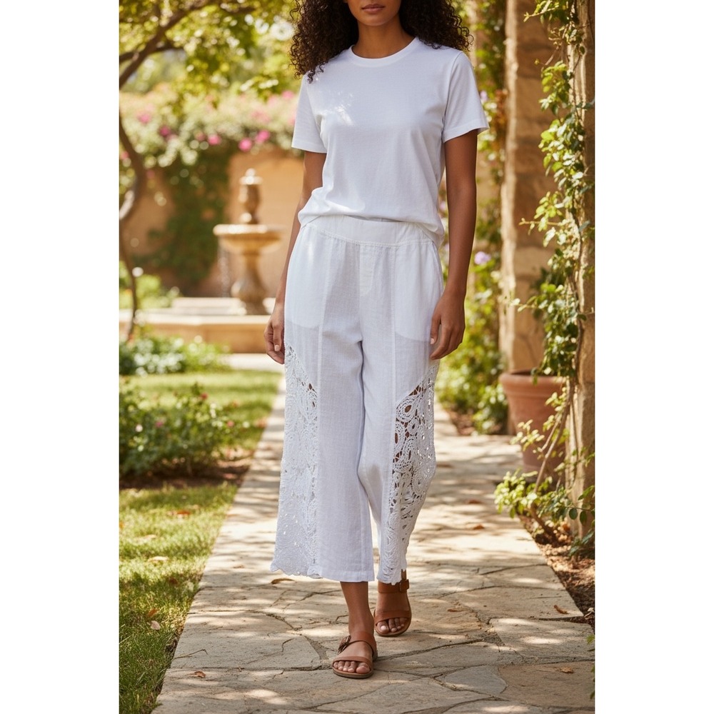 XCVI‎ Linen White Crochet Trim Pants Medium Womens Casual Cropped M